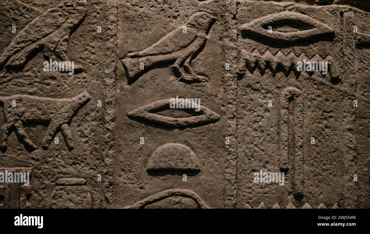 Die altägyptischen Hieroglyphen wurden auf eine Steinstruktur aus dem Neuen Museum in Berlin gemeißelt Stockfoto