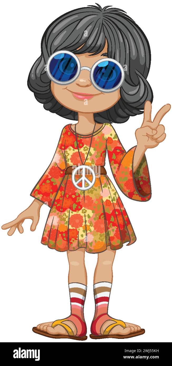 Cartoon-Mädchen mit Friedenszeichen in Vintage-Kleidung. Stock Vektor