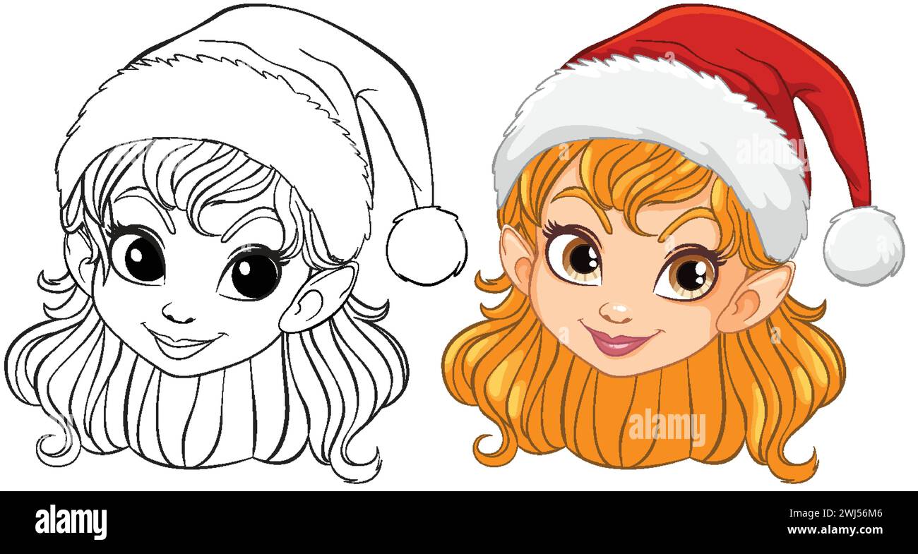 Vektor-Illustration eines Mädchens mit einem Weihnachtsmann-Hut, farbige und Strichgrafik. Stock Vektor