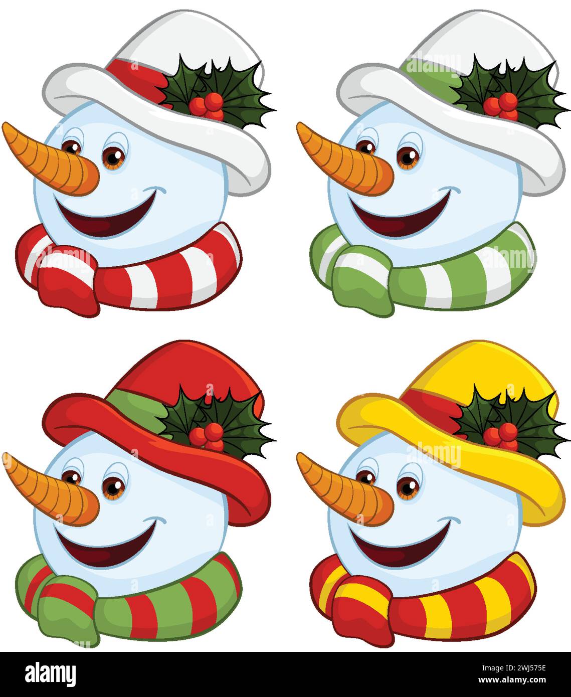 Vier fröhliche Schneemänner mit bunten Winterhüten. Stock Vektor
