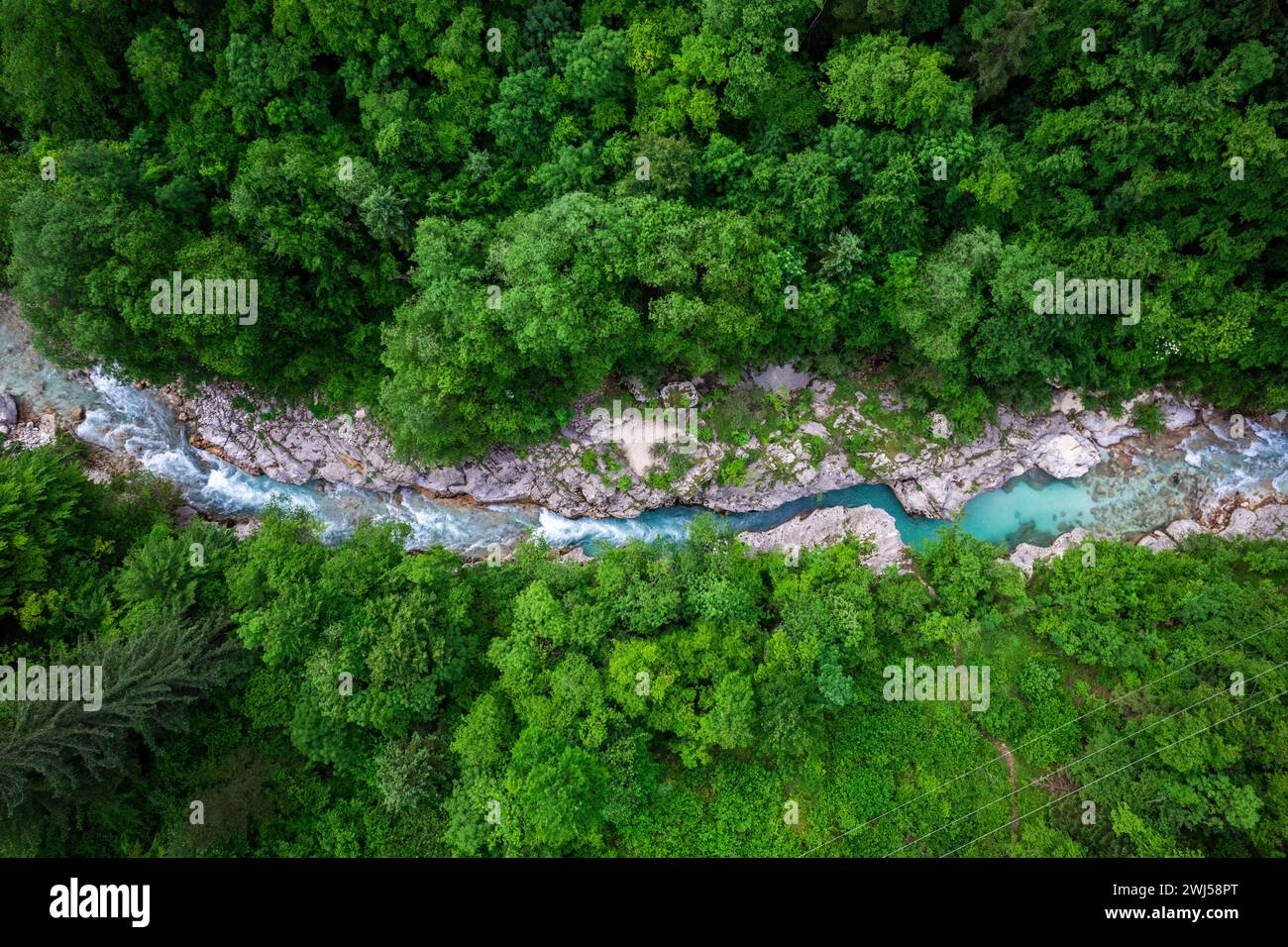 Der Fluss Soca in Slowenien. Luftdrohne mit Blick von oben auf den smaragdgrünen Fluss im Wald Stockfoto