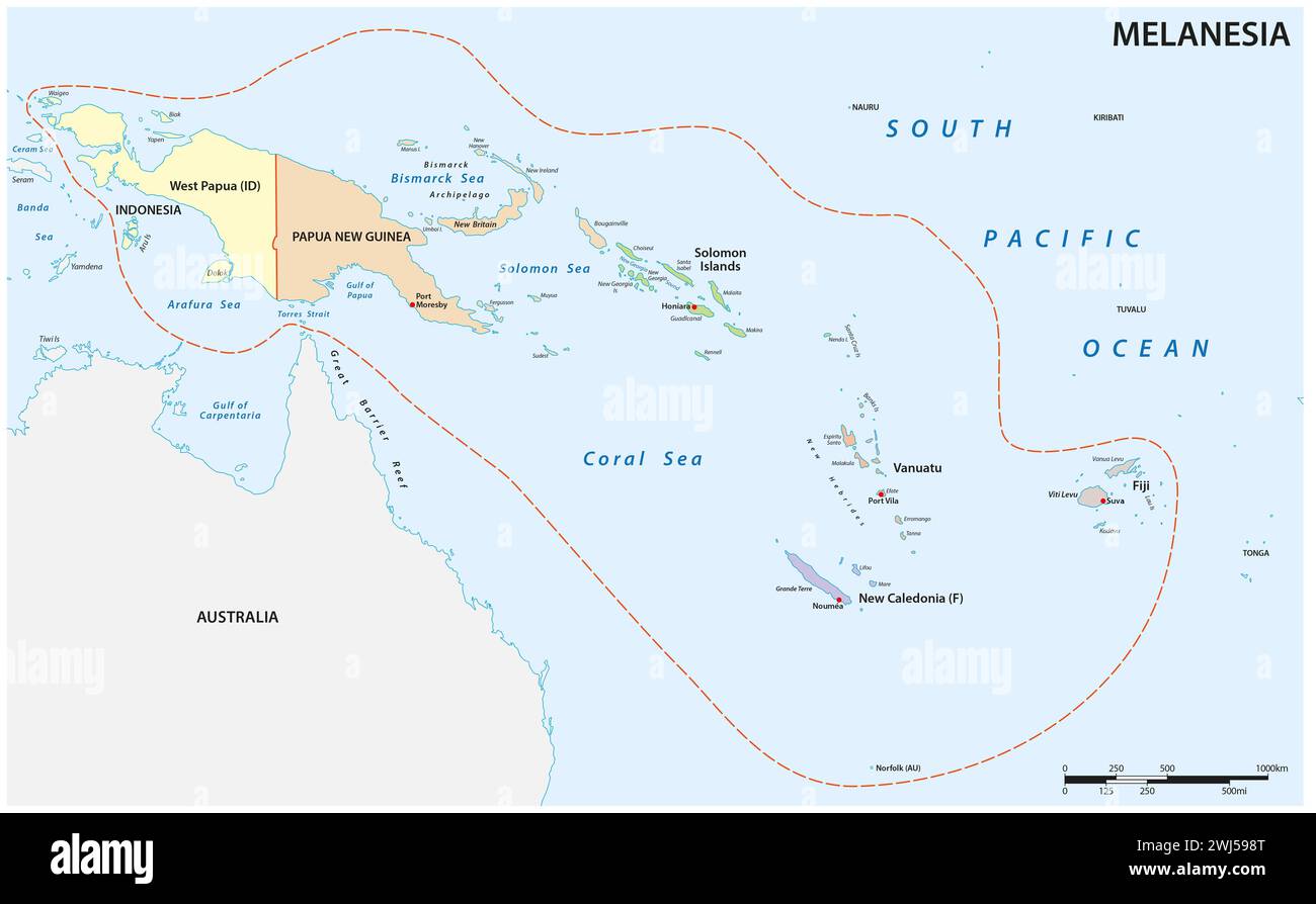 Administrative Vektorkarte der pazifischen Inselgruppe Melanesia Stockfoto