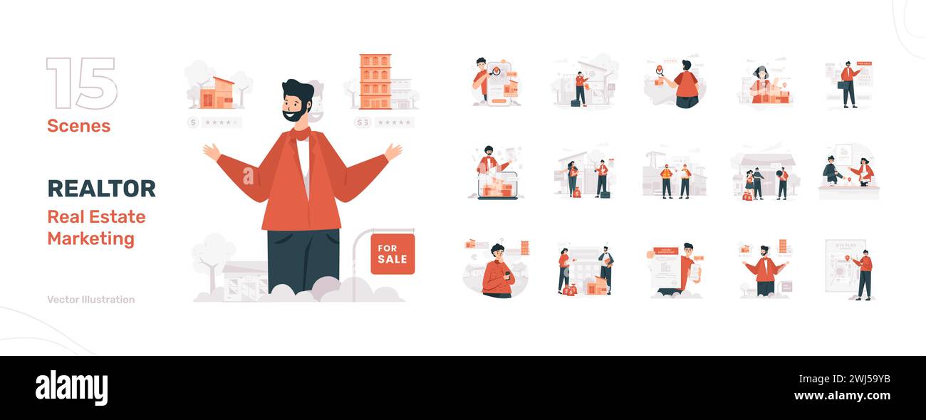 Immobilienmakler Agentur Immobilienmarketing Illustration Set Stock Vektor