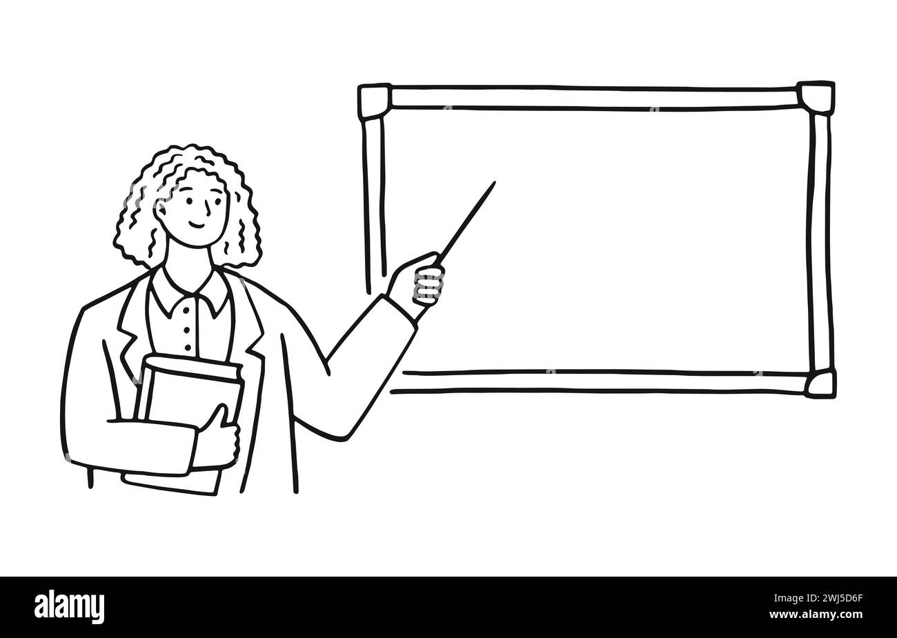 Lehrer, der auf Tafel zeigt, Bildung Kritzelvektor Illustration in Linie Hand gezeichnet Stil Stock Vektor