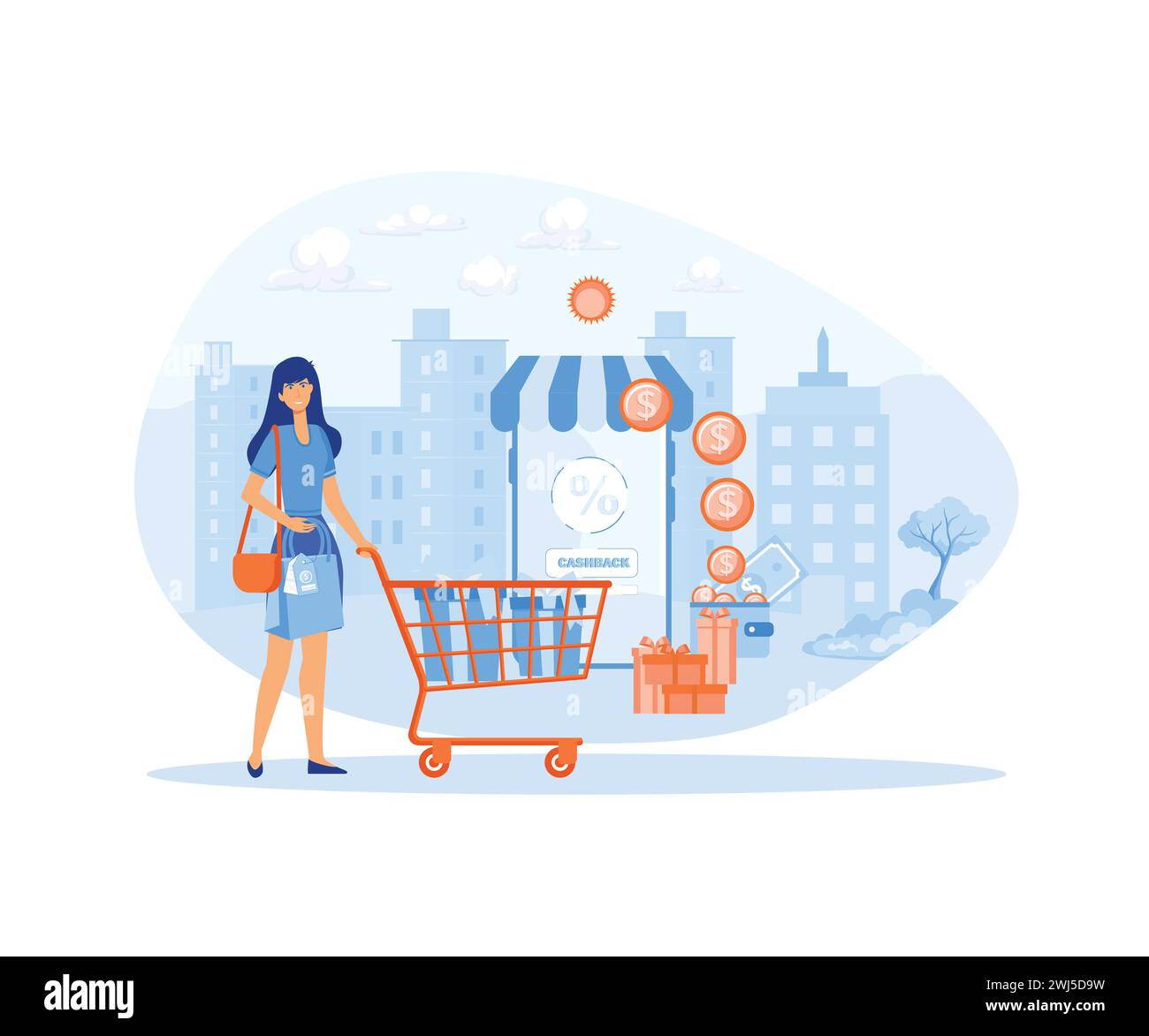 Online-Cash-Back-Service für Einkäufe mit mobilen Bildschirmen. Geld sparen im Internet. Bonusprogramm. Moderne Illustration des flachen Vektors Stock Vektor