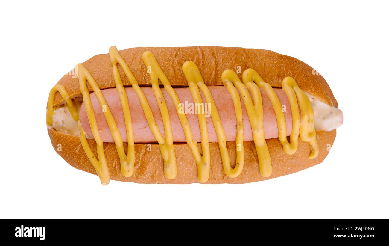 Hot Dog mit Senf isoliert auf weiß Stockfoto