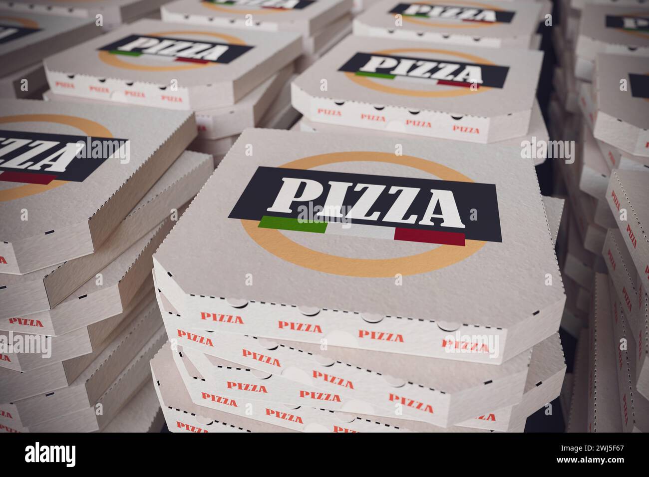 Viele Pizzakartons aus Pappe. 3D-gerenderte Abbildung. Stockfoto