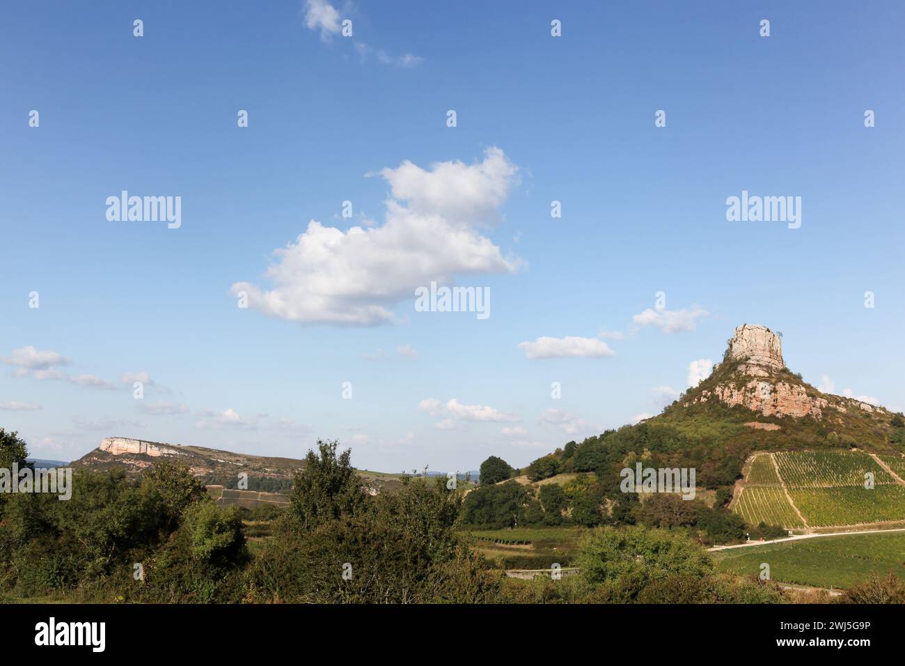 Blick auf die Felsen von Solutre und Vergisson mit Weinbergen, Burgund, Frankreich Stockfoto