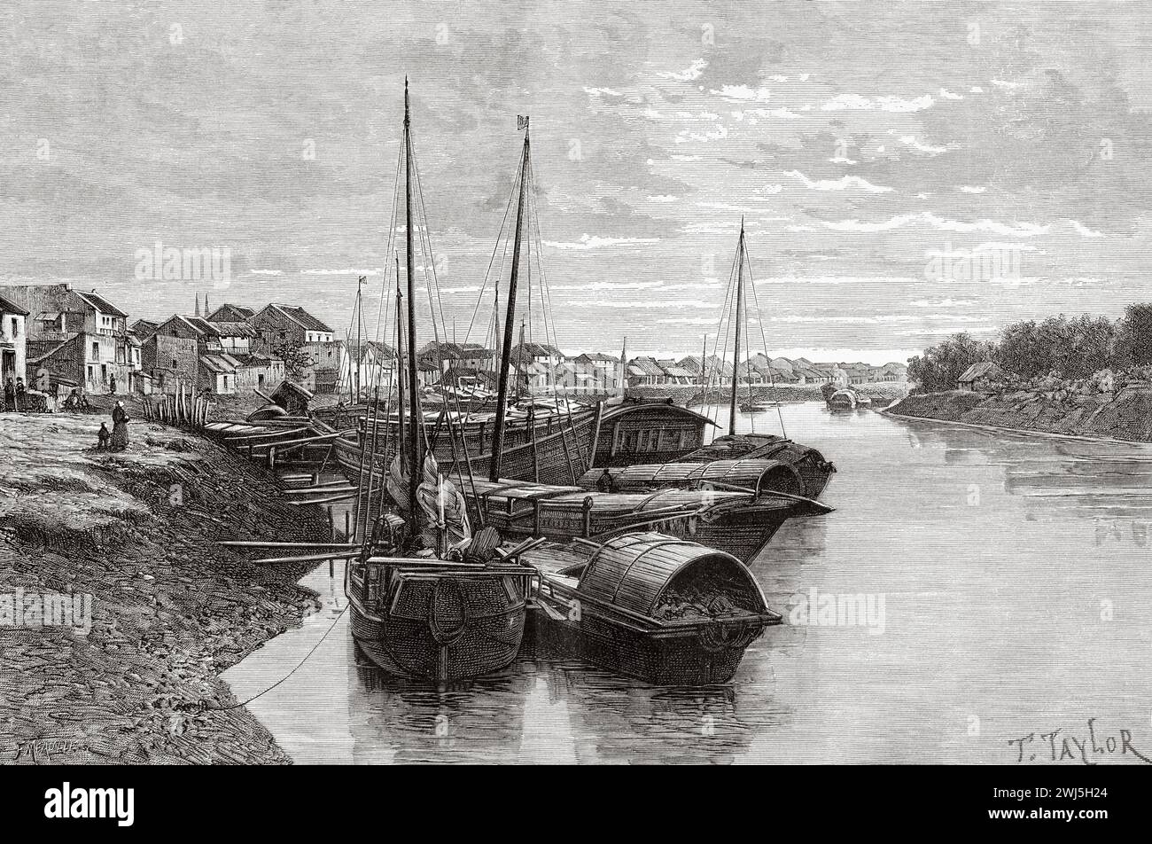 Hafen in Nam Dinh City im Delta des Roten Flusses, Provinz Nam Dinh. Tonkin, Französisch-Indochina. Vietnam, Asien. Dreißig Monate in Tonkin 1885 von Dr. Charles Edouard Hocquard (1853–1911) Le Tour du Monde 1890 Stockfoto