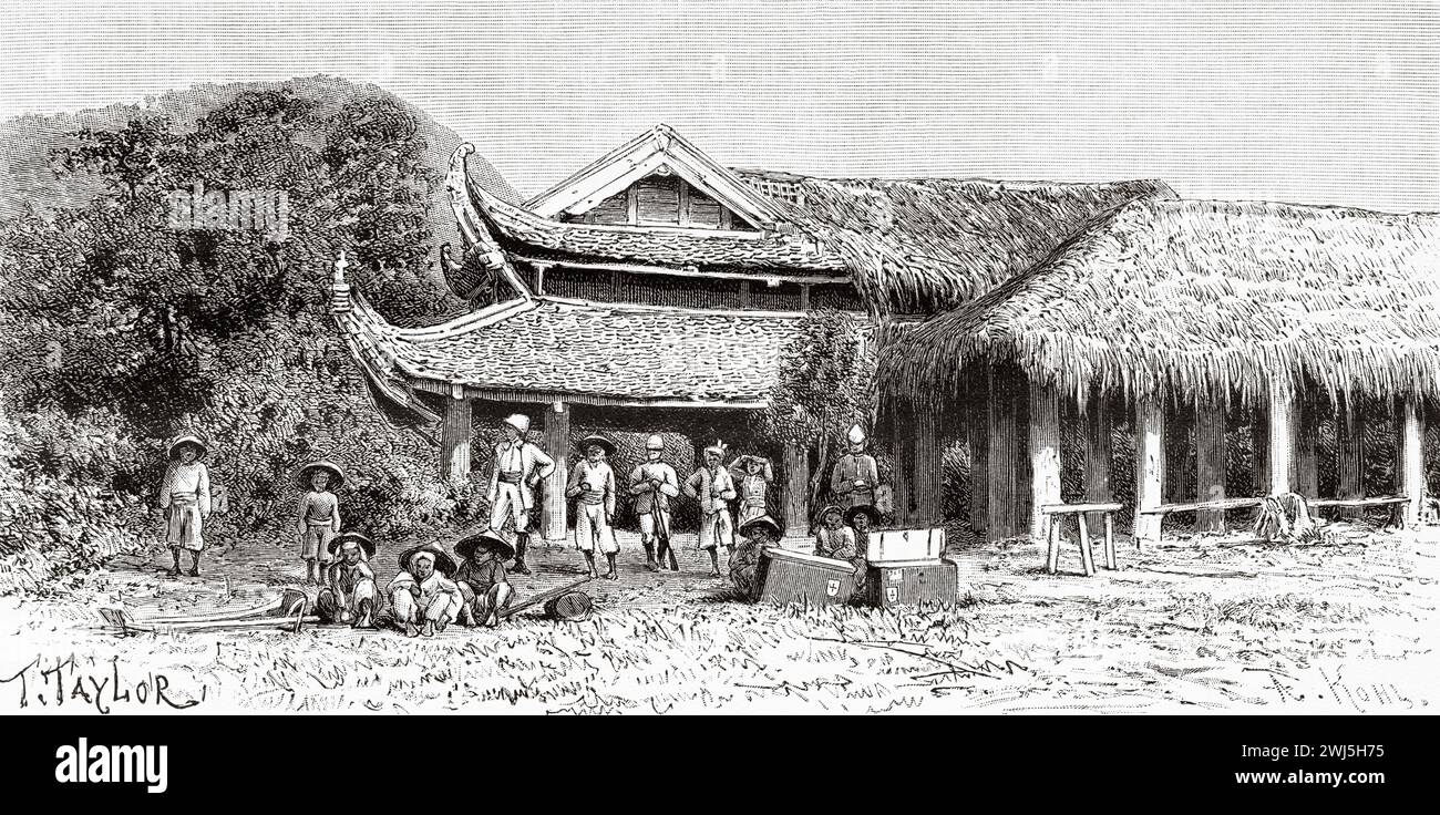 Französische Soldaten in einer Pagode. Tonkin, Französisch-Indochina. Vietnam, Asien. Dreißig Monate in Tonkin 1885 von Dr. Charles Edouard Hocquard (1853–1911) Le Tour du Monde 1890 Stockfoto