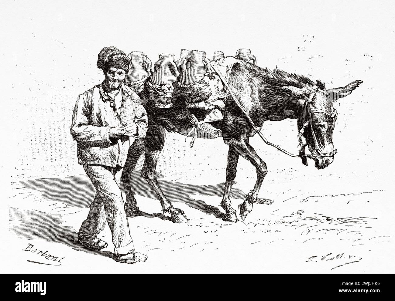 Ein Wasserträger trägt Wasser auf einen Esel, Ibiza. Baleareninsel, Spanien. Ausflug zu den Balearen Menorca und Cabrera 1888 mit Gaston Charles Vuillier (1845 - 1915) Le Tour du Monde 1890 Stockfoto