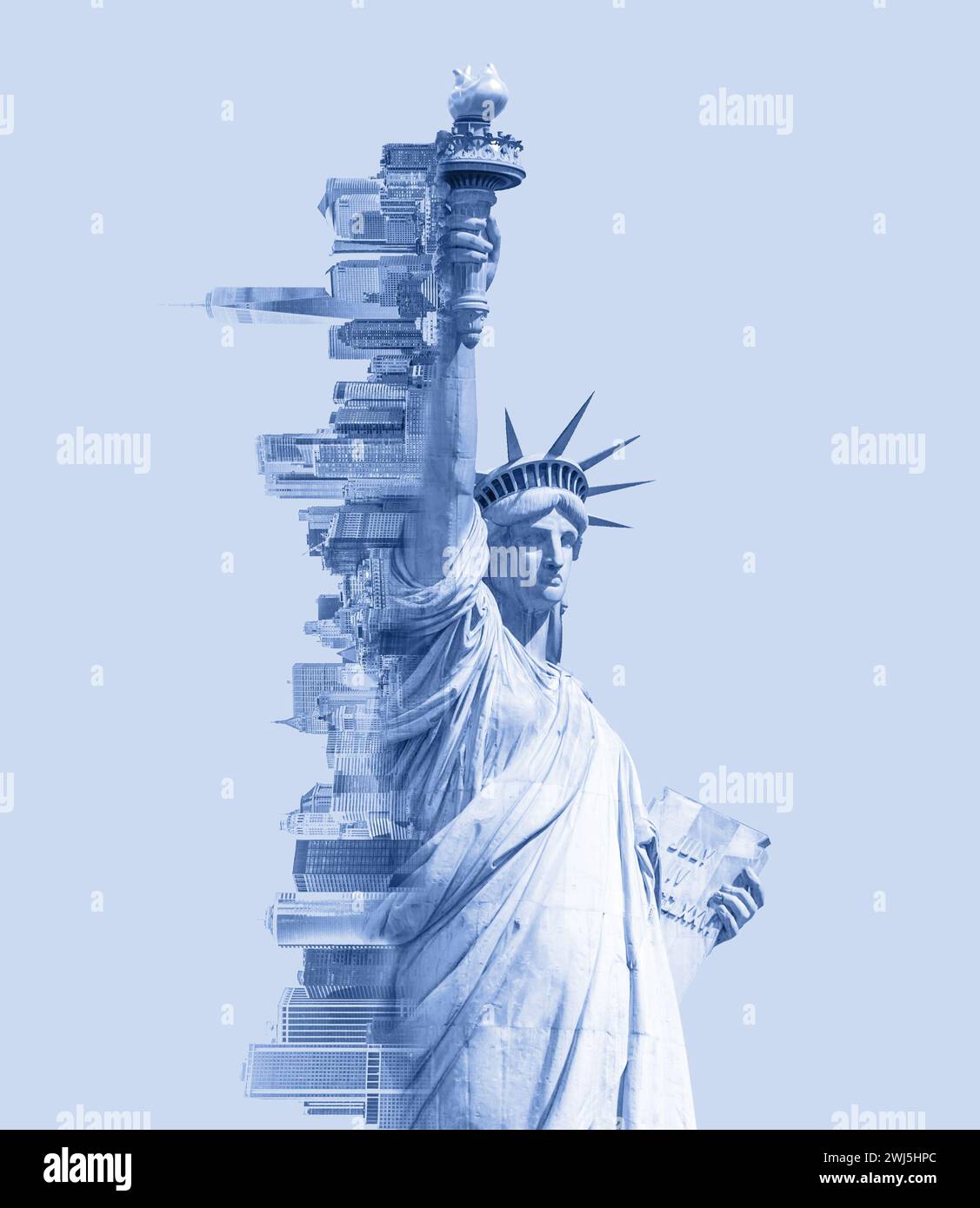 Doppelbelichtung der Freiheitsstatue und der Skyline von New york mit Cope-Raum. Blaues Bild Stockfoto