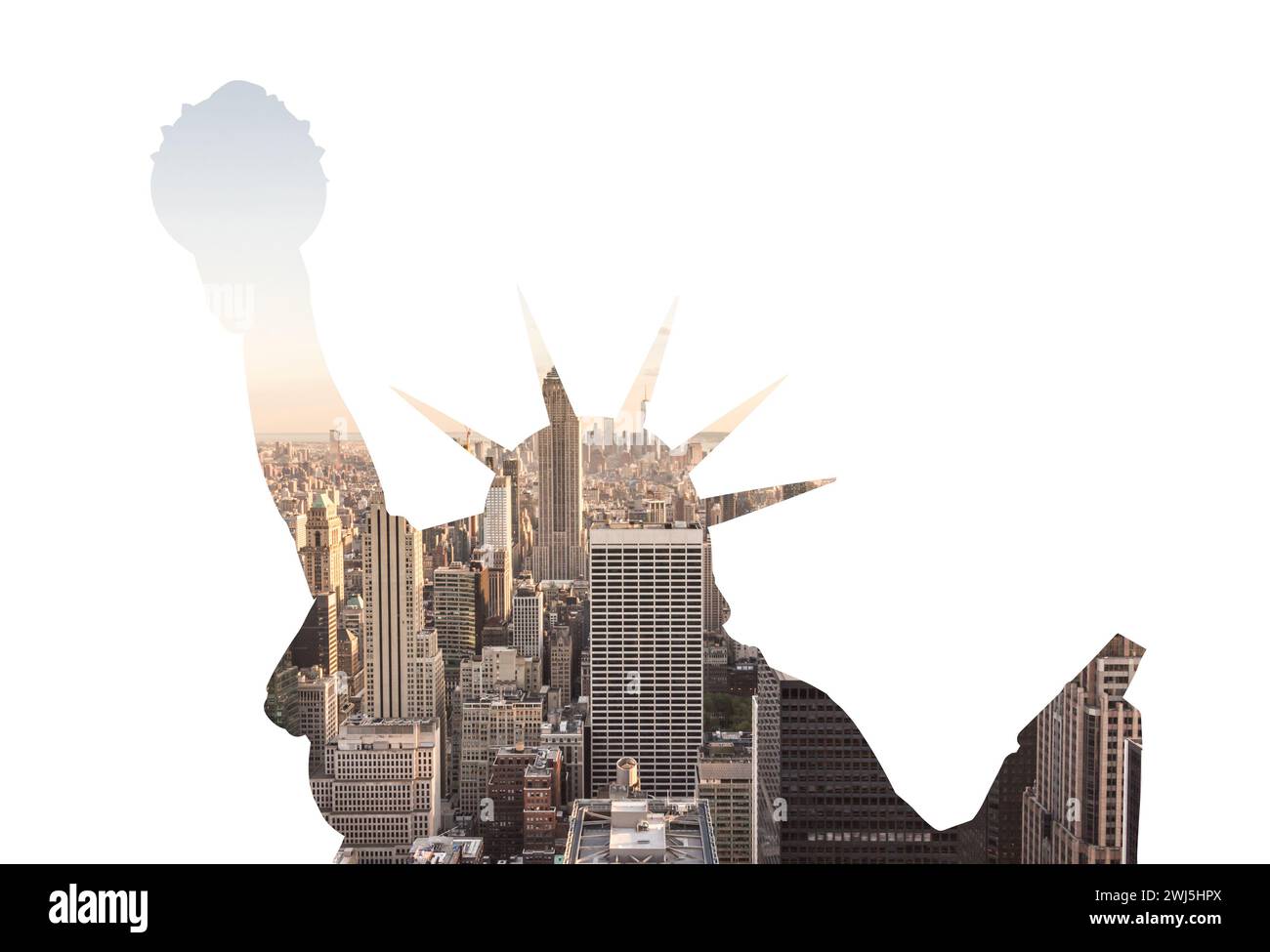 Doppelbelichtung der Skyline von Manhattan in New york City mit Freiheitsstatue Silhouette Stockfoto