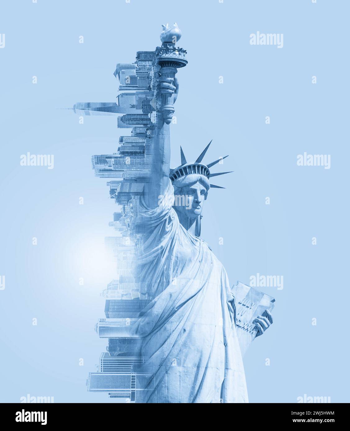 Doppelbelichtung der Freiheitsstatue und der Skyline von New york mit Cope-Raum. Getöntes Bild Stockfoto