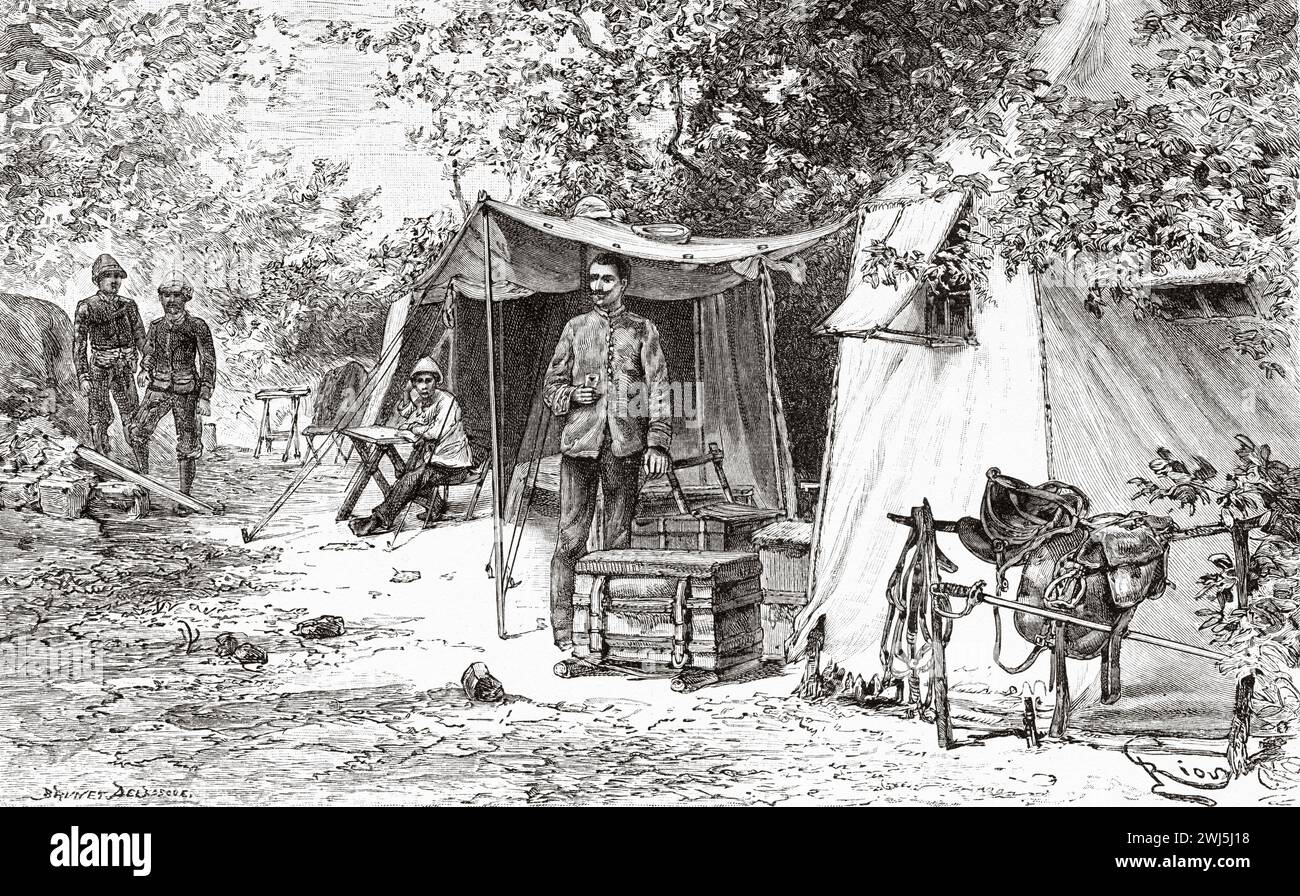 Missionslager, Guinea. Afrika. Zwei Feldzüge im Französischen Sudan, 1886-1888 von Joseph Simon Gallieni (1849–1916) Le Tour du Monde 1890 Stockfoto
