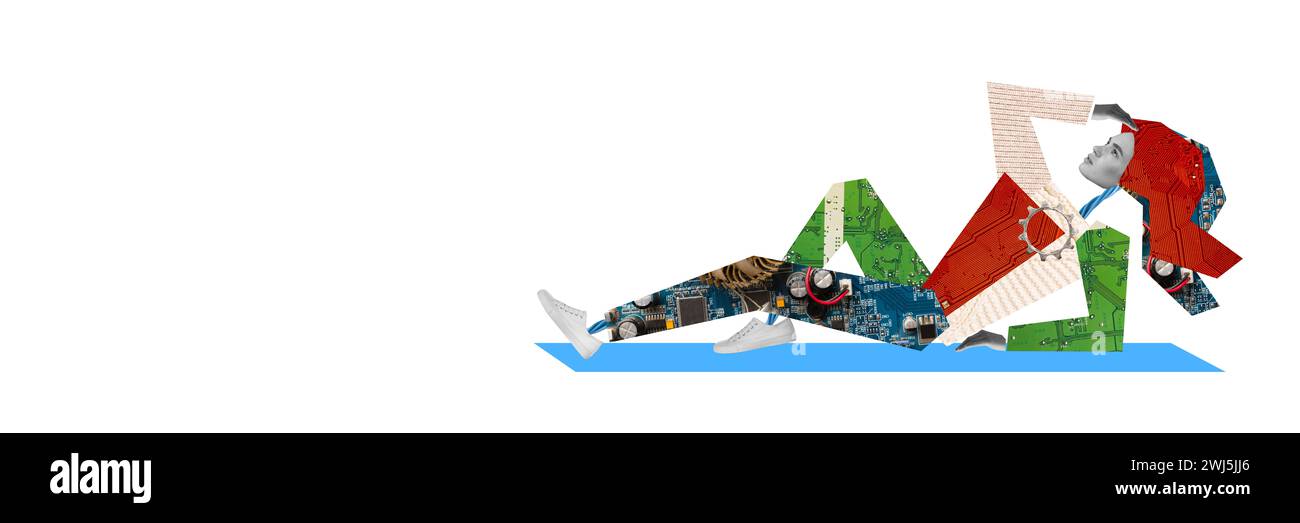 Banner. Moderne ästhetische Kunstwerke. Frau in Yoga-Pose, ihre Kleidung wurde durch komplizierte Mikroschaltungen und Maschinen ersetzt, auf Yogamatte. Strukturierter Effekt. Stockfoto