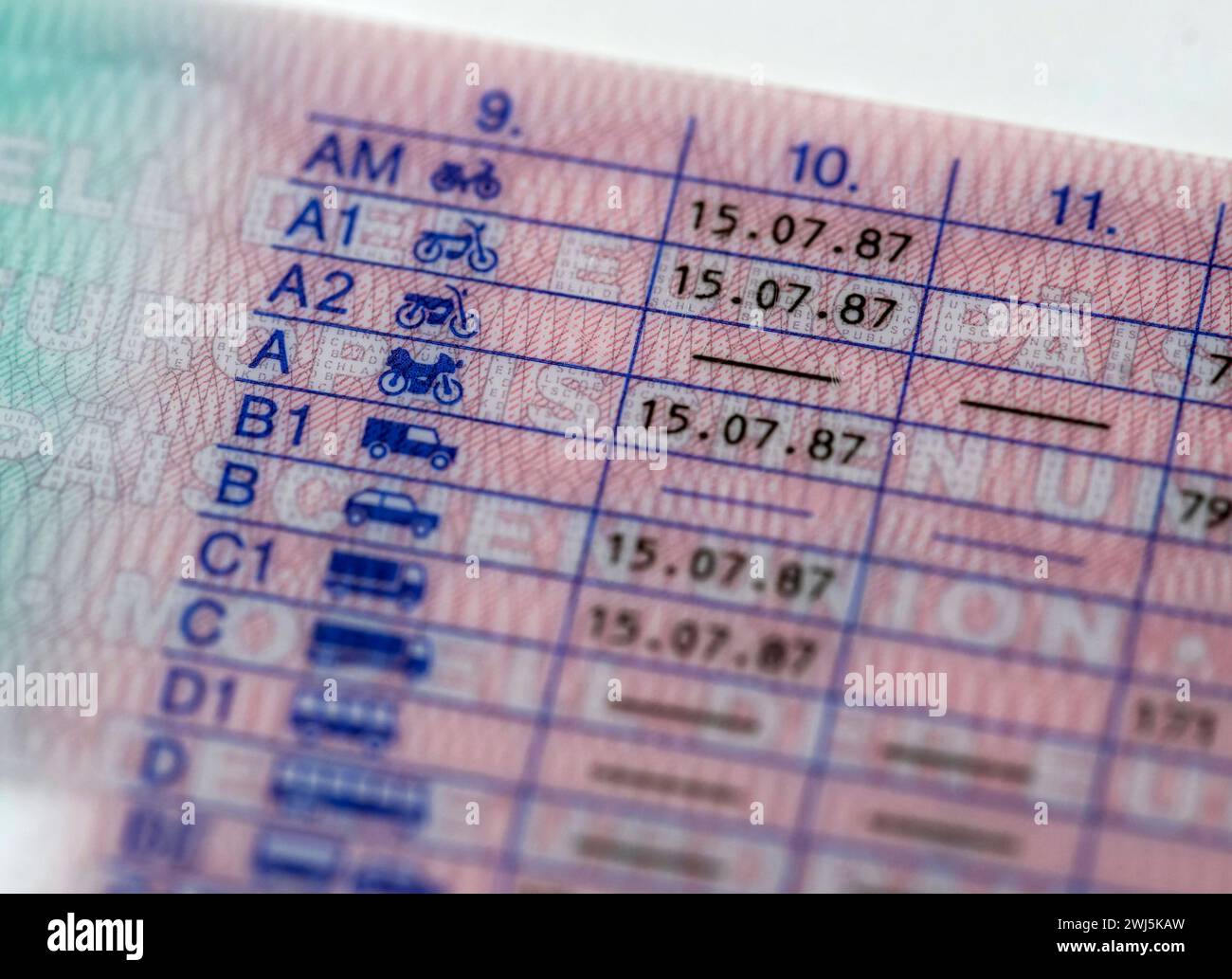 12.02.2024, Führerscheine, neue EU-Verordnung für Führerscheine, bis zum 19.Januar 2033 müssen alle Führerscheine in Europa in einheitlichen Plastkkarten-Dokumenten erneuert werden. Hier der neue Führerschein, auf der Rückseite die Fahrerlaubnisklassen A bis D aufgeführt mit dem Datum des Führerscheinerwerbes. Klasse A: Alle Krafträder und dreirädrige Kraftfahrzeuge BE: Kombinationen aus einem Zugfahrzeug der Klasse B und einem Anhänger, C1: LKW-Führerschein und LKW mit Anhänger 12.02.2024, neue EU Führerscheine 12.02.2024, neue EU Führerscheine *** 12 02 2024, Führerscheine, neue EU r Stockfoto