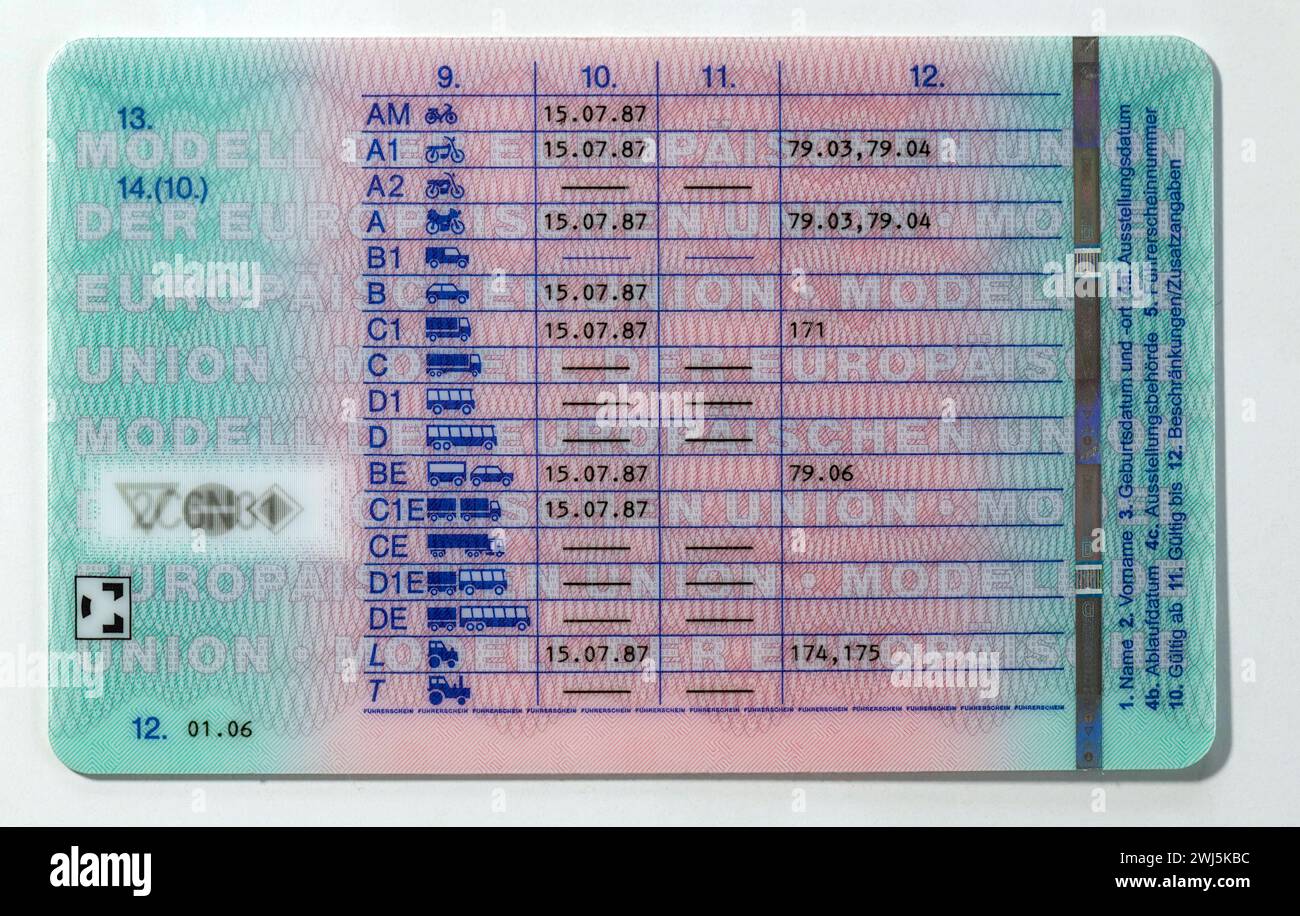 12.02.2024, Führerscheine, neue EU-Verordnung für Führerscheine, bis zum 19.Januar 2033 müssen alle Führerscheine in Europa in einheitlichen Plastkkarten-Dokumenten erneuert werden. Hier der neue Führerschein, auf der Rückseite die Fahrerlaubnisklassen A bis D aufgeführt mit dem Datum des Führerscheinerwerbes. Klasse A1 Krafträder mit einem Hubraum von nicht mehr als 125 ccm, sowie dreirädrige Kraftfahrzeuge bis 15 kW. Klasse AM: Leichte zweirädrige Kraftfahrzeuge, Dreirädrige Kleinkrafträder, leichte vierrädrige Straßen-Quads, L: Traktor-Führerschein, für Zugmaschinen bis 40 km/h mit an Stockfoto