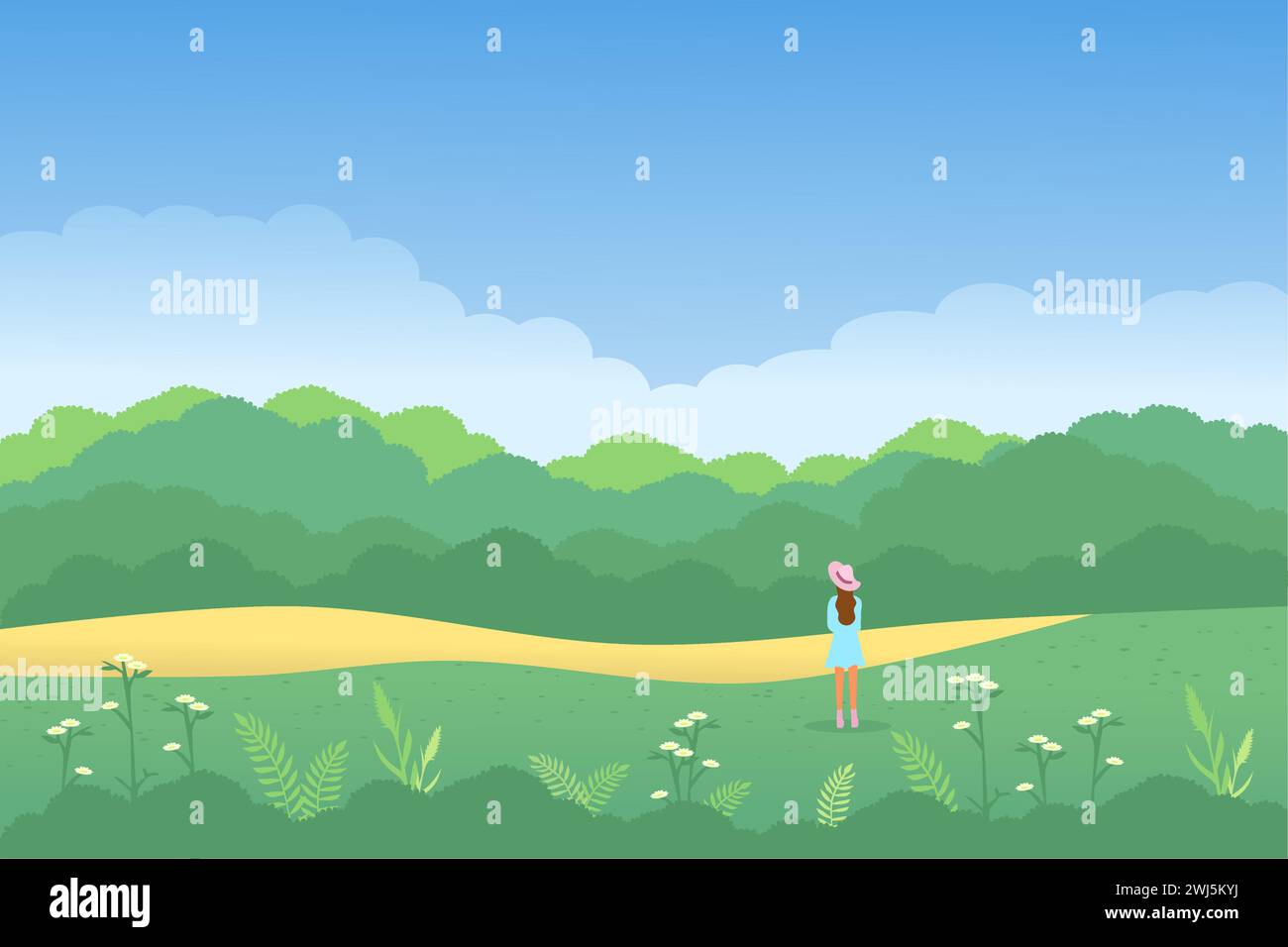 Panorama des Frühlings oder Sommers und wunderschöne Natur, grüne Wiesen, Wiese mit einer Frau, die den Blick auf die Natur genießt. Illustration des Querformat-Vektors Stock Vektor