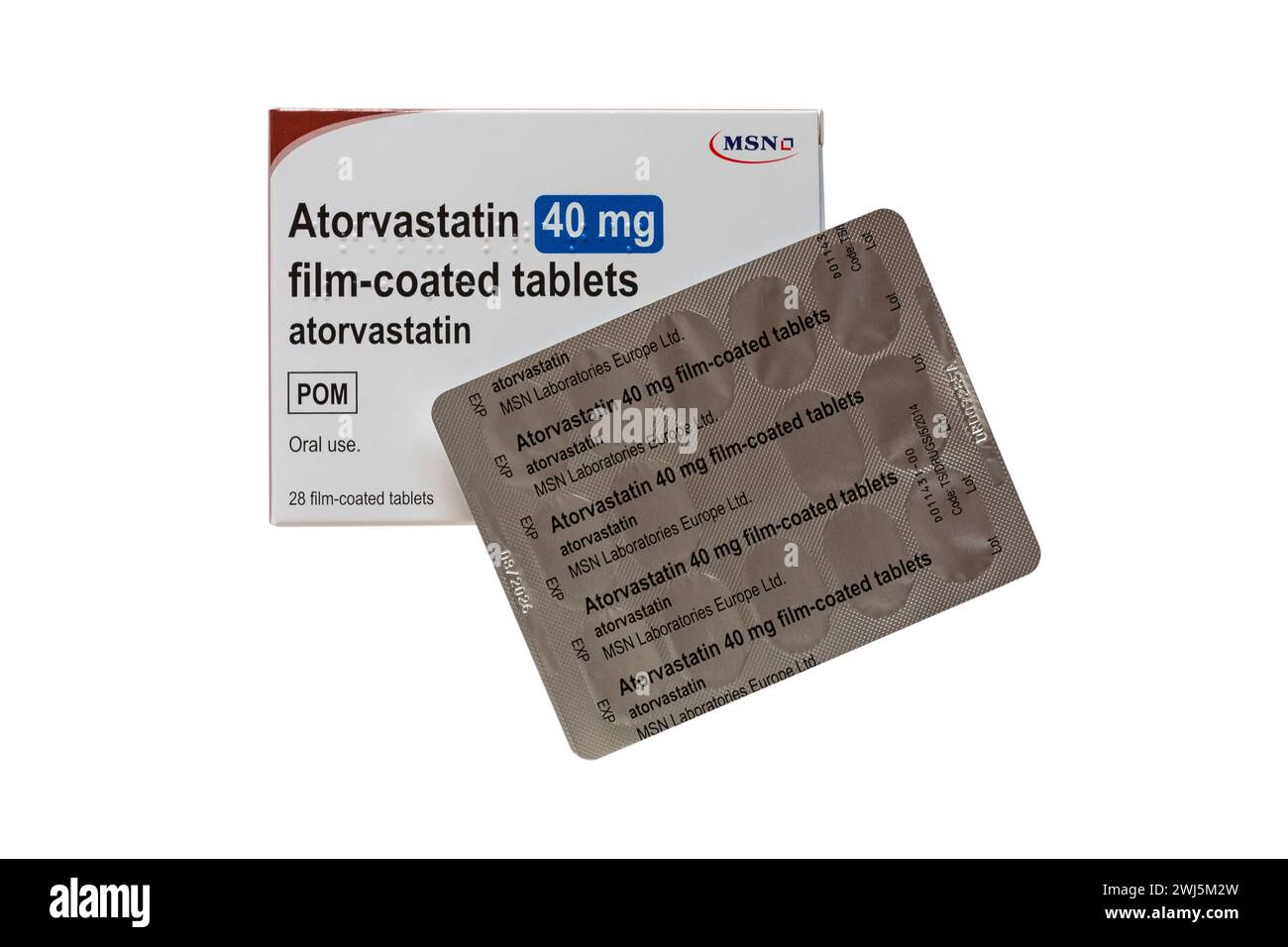 Packung mit Atorvastatin Filmtabletten Statinpackung 40 mg mit Blisterpackung isoliert auf weißem Hintergrund Stockfoto