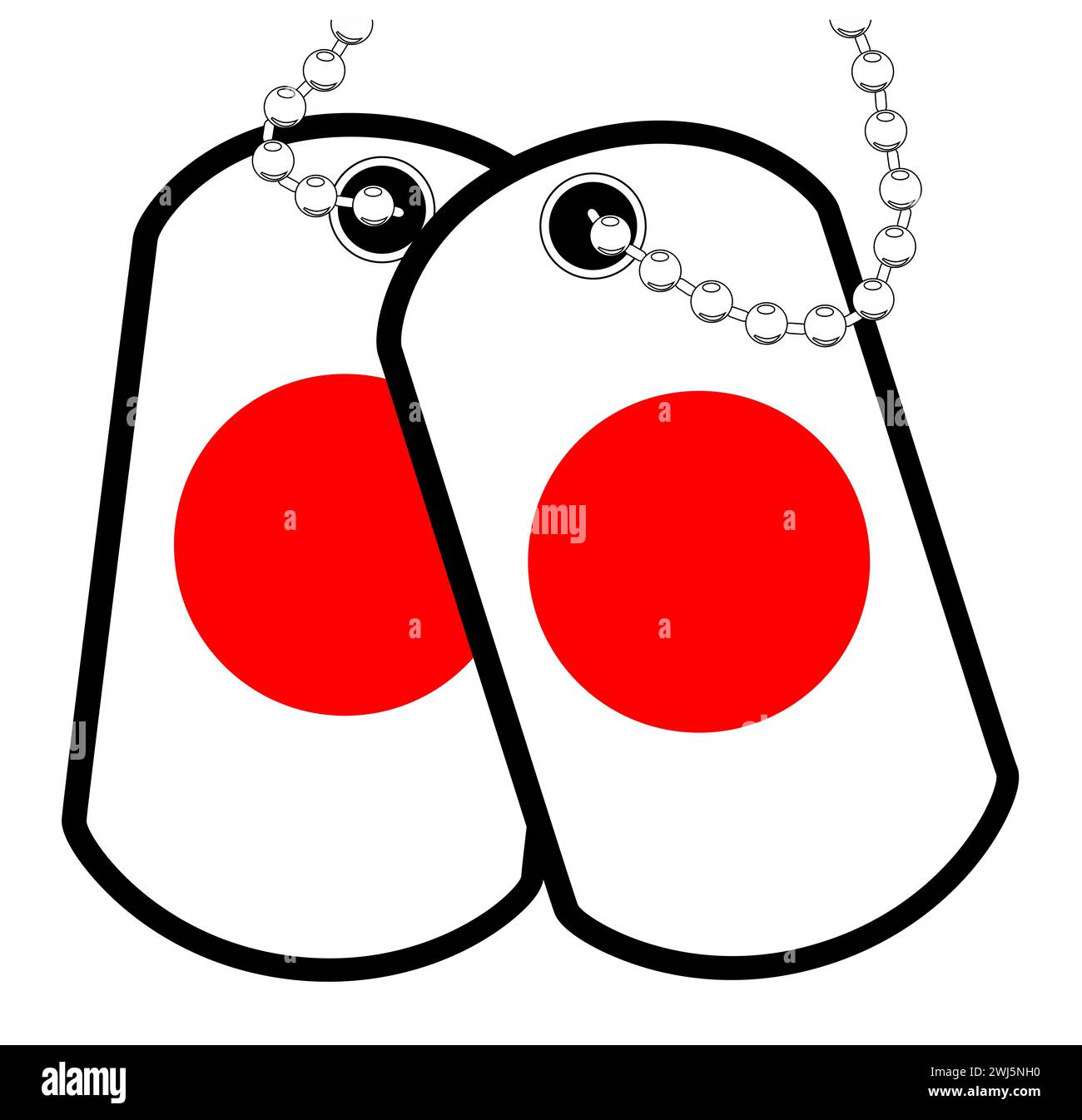 Ein Paar japanische Militärhundetiketten mit Kette auf weißem Hintergrund, die die schwedische Nationalflagge zeigen Stockfoto