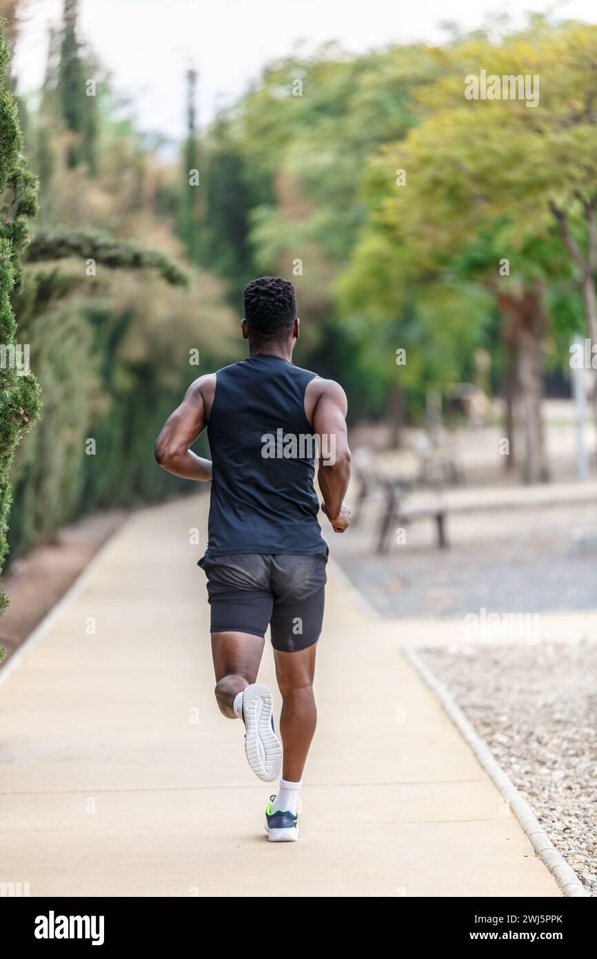 Rückansicht eines nicht wiedererkennbaren schwarzen Athleten in Sportbekleidung, der während des aktiven Cardio-Trainings am Sommerwochenende im Park läuft Stockfoto