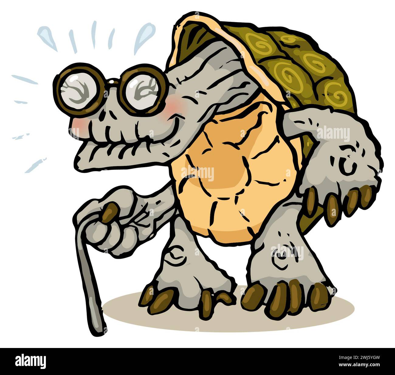 Cartoon, glückliche Schildkröte mit Gehstock und Brille, Schildkröte leben lange Leben, Konzept, glückliches und gesundes Alter, Weisheit, Langlebigkeit, langsam & stabil Stockfoto