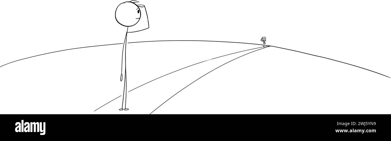 Person, die Frau in Far on Long Road, Vektor-Cartoon-Stick-Abbildung beobachtet Stock Vektor