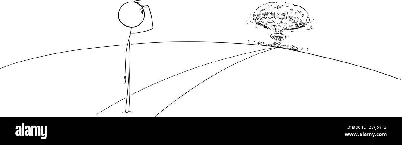 Person, die auf die Atomexplosion in Far schaut, Vektor-Cartoon-Stick-Abbildung Stock Vektor