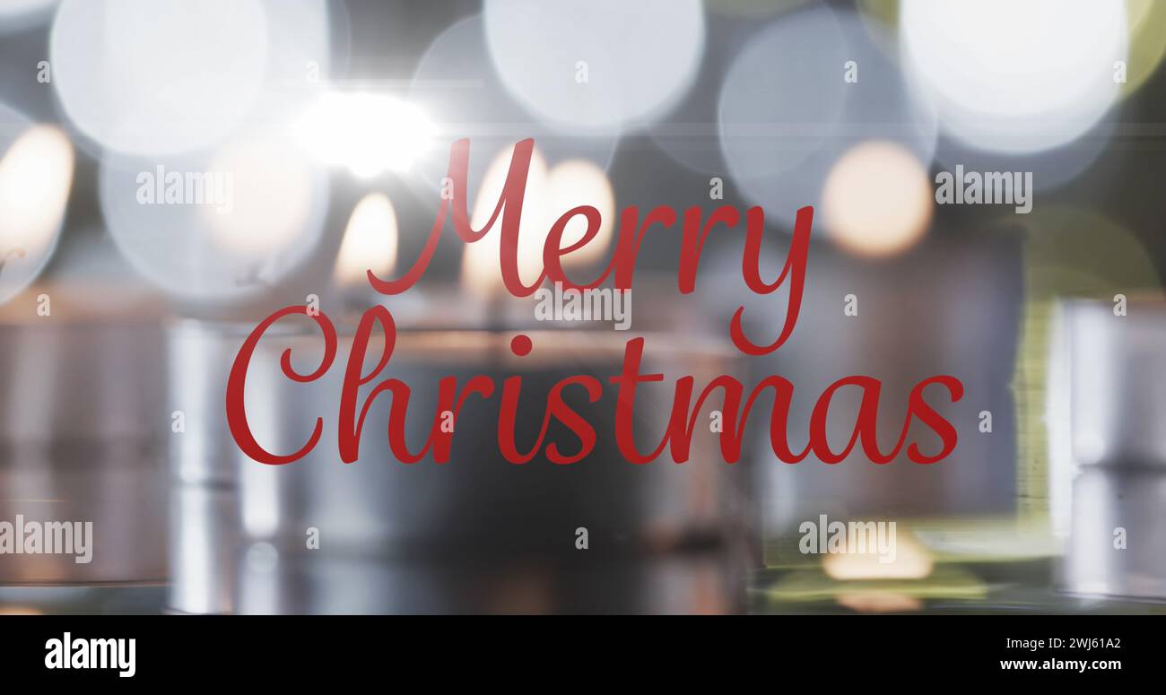 Bild von Merry christmas Text über beleuchteten Teekerzen Hintergrund Stockfoto