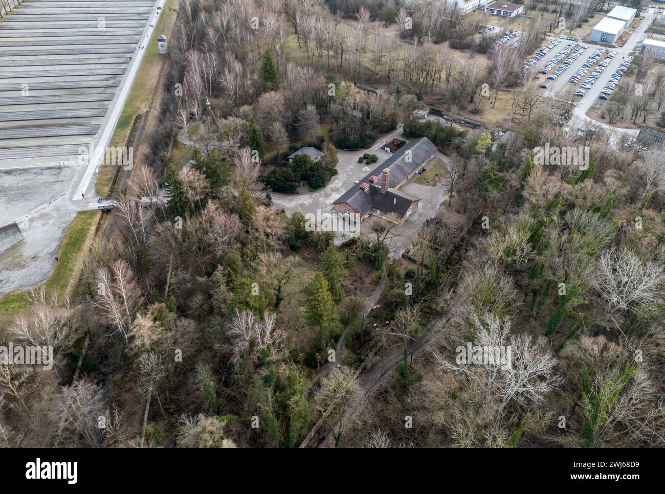 Luftaufnahme des Konzentrationslagers Dachau in Bayern. Stockfoto