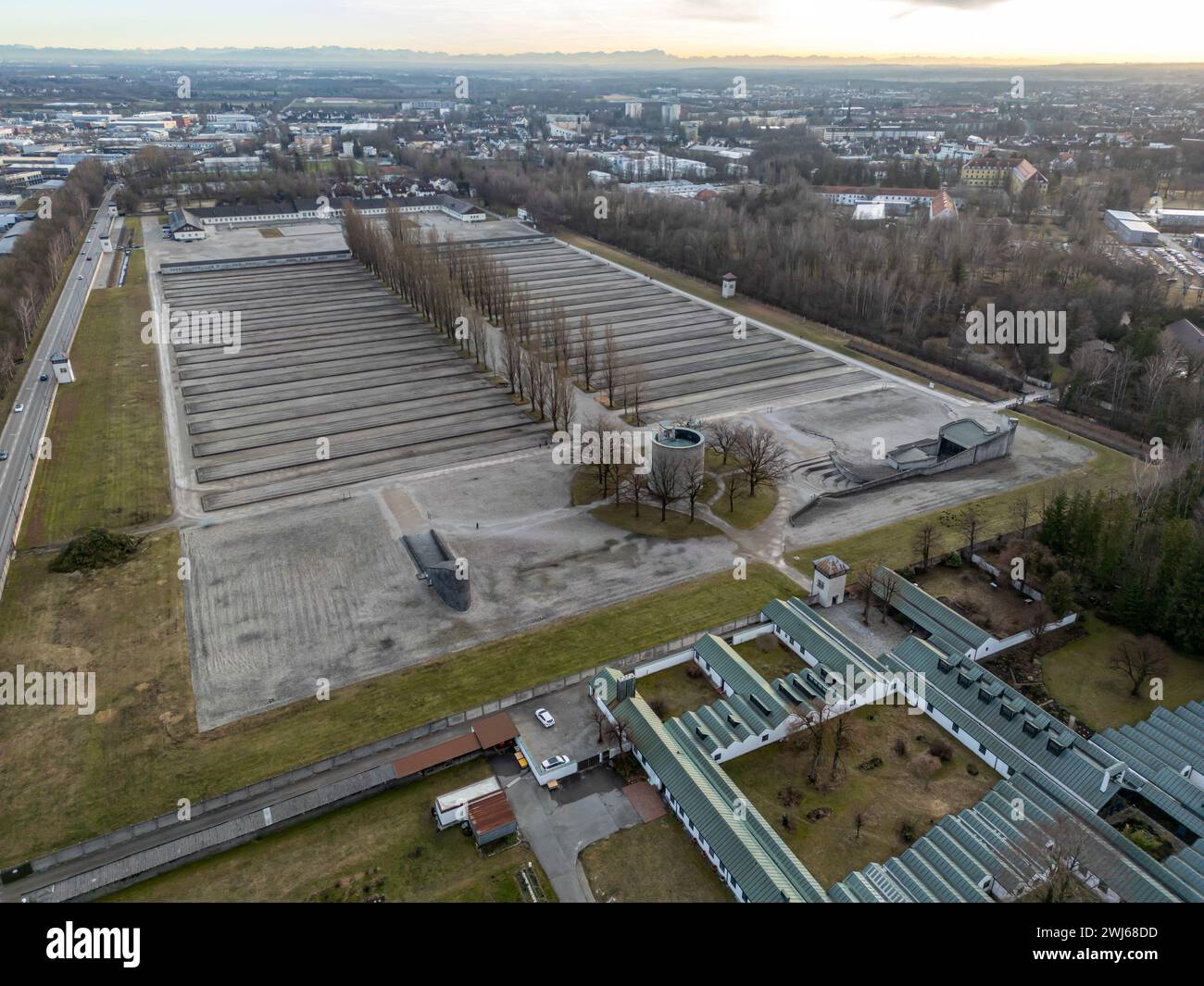 Luftaufnahme des Konzentrationslagers Dachau in Bayern. Stockfoto