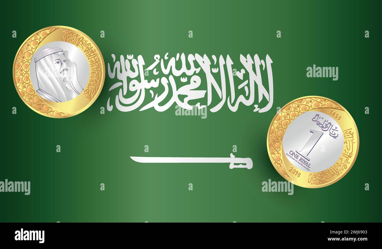 Vektor-Riyal-Münze von Saudi-Arabien. Abbildung auf der Rückseite isoliert mit der VAE-Flagge. Vektorabbildung. Stock Vektor