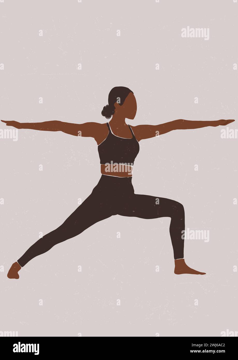 Krieger II Virabhadrasana II Yoga Pose Pilates Asana ästhetisches Set von Illustrationen Pilates Asana Meditations Chakra Stockfoto