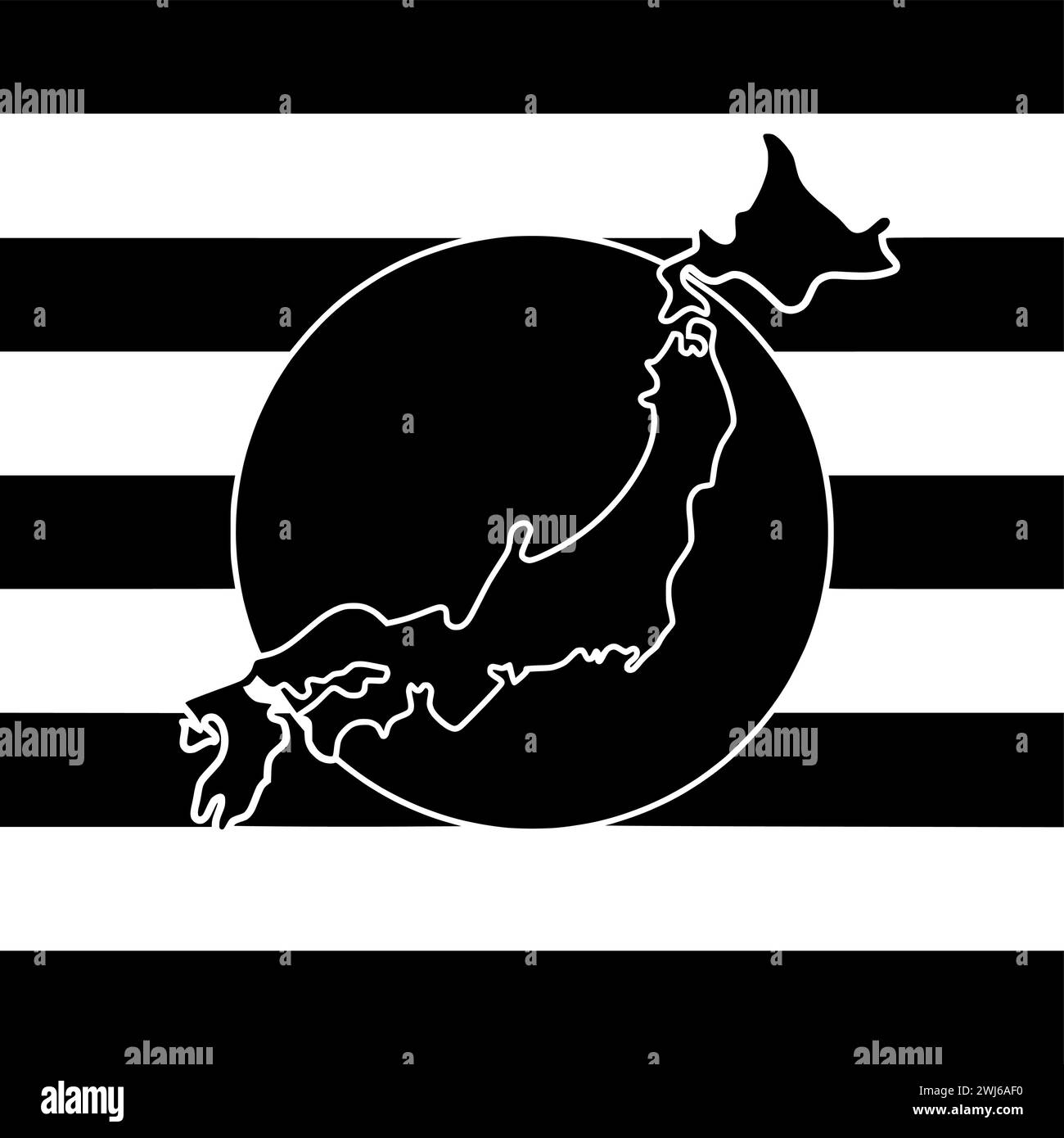 Schwarze japan-Silhouette oder flache Landkarte mit Streifen-Logo-Flagge für japaner mit Nationalsymbol und Nation-Form Land als patriotisch bis strukturiert Stock Vektor