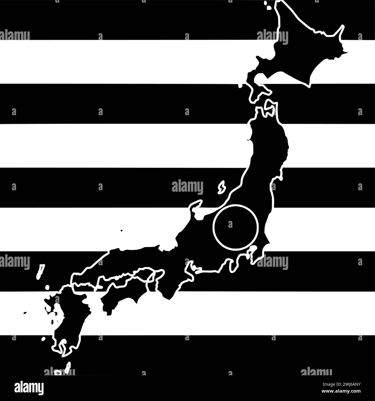 Schwarze japan-Silhouette oder flache Landkarte mit Streifen-Logo-Flagge für japaner mit Nationalsymbol und Nation-Form Land als patriotisch bis strukturiert Stock Vektor