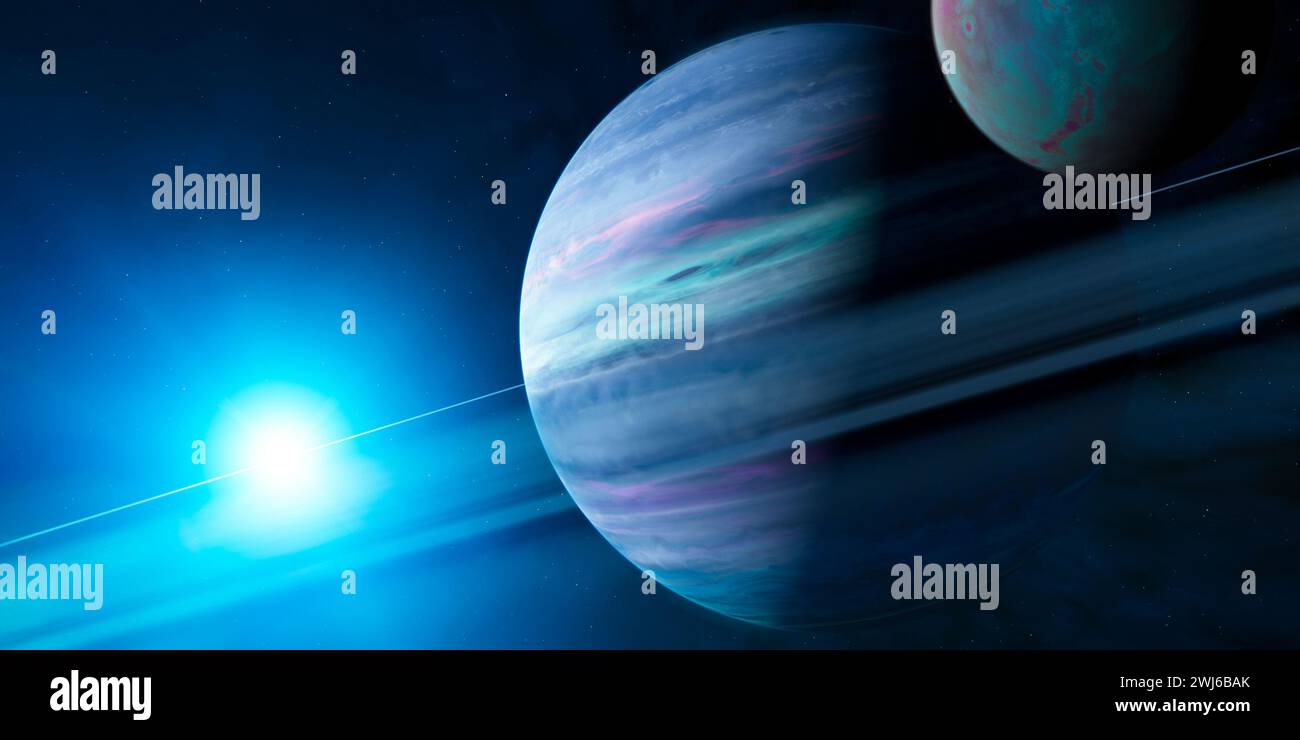 Saturnringe und -Monde, Exoplanet mit Ringen, Raum und Universum. SCI-fi. 3D-Rendering Stockfoto