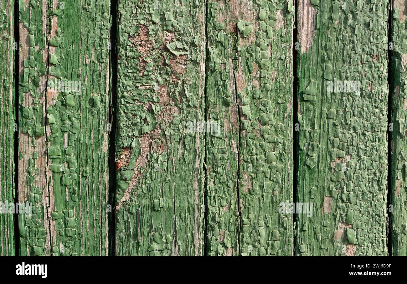 Alte rustikale Zaunstruktur aus Holz mit grüner abblätternder Farbe. Stockfoto