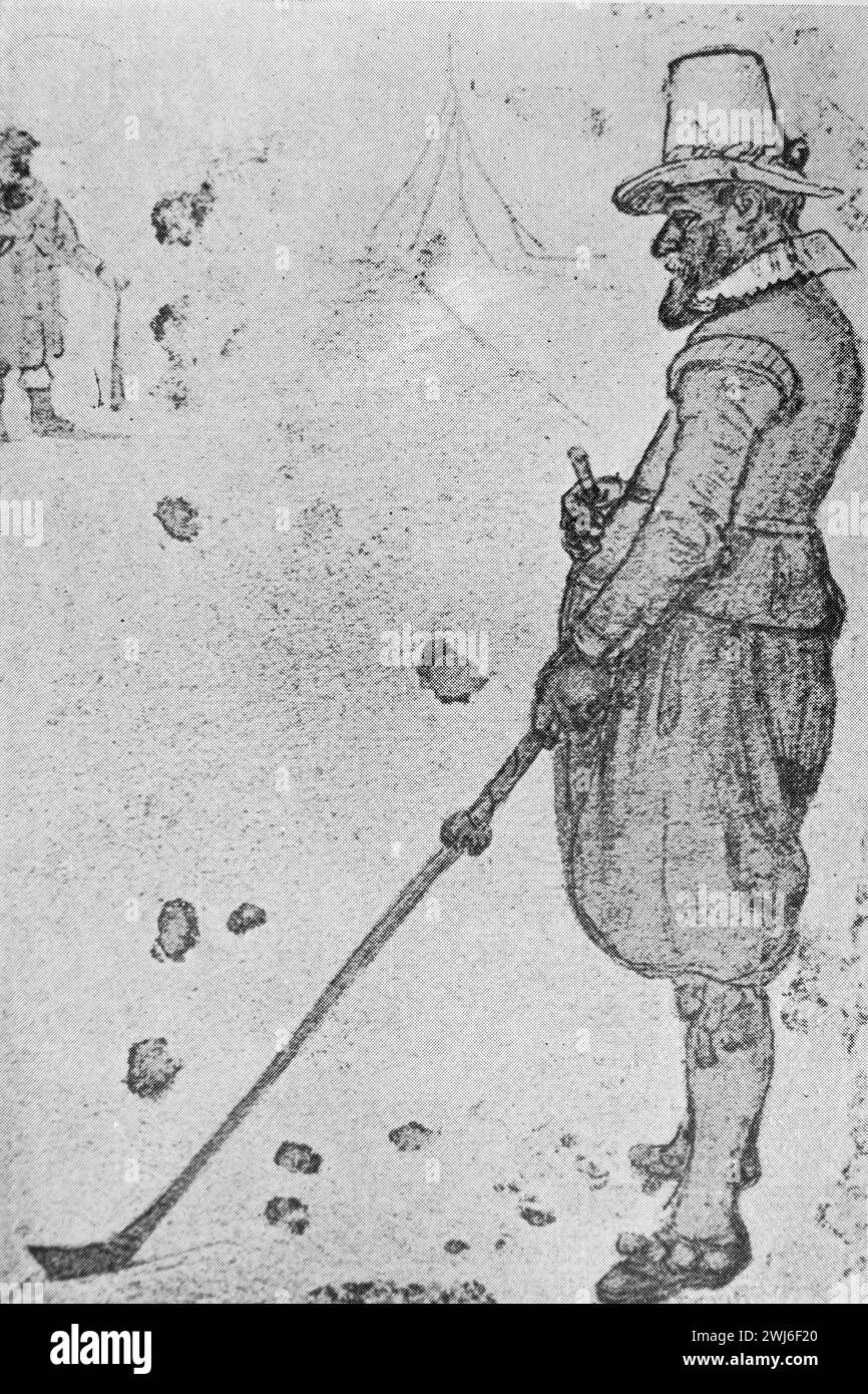 Ein Golfer aus dem 16. Jahrhundert nach einer Zeichnung von Hendrick Avercamp. Black and White Illustration from the Connoisseur, an Illustrated Magazine for Collectors Vol 3 (Mai-August 1902), veröffentlicht in London. Stockfoto