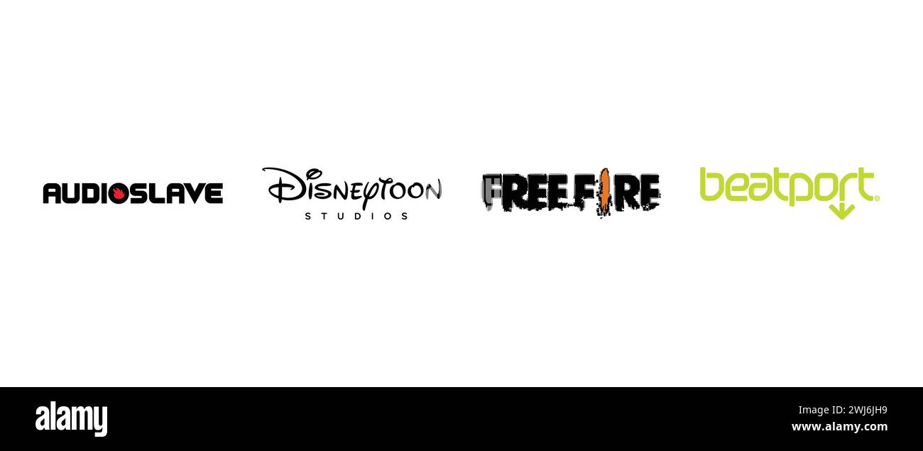 Beatport, Disney Toon Studios, Freefire, Audioslave. Vektorillustration, redaktionelles Logo. Stock Vektor
