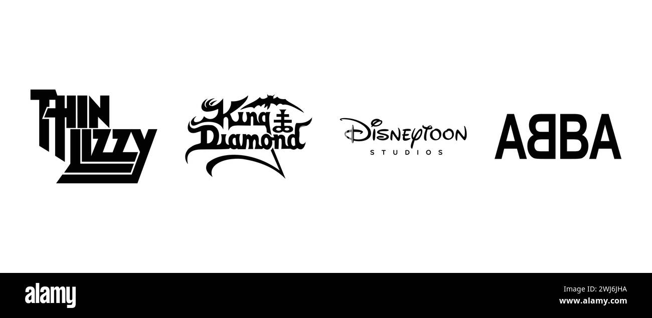King Diamond, Disney Toon Studios, Abba, Thin lizzy. Vektorillustration, redaktionelles Logo. Stock Vektor
