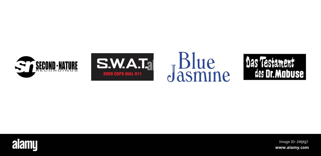 Blue Jasmine, Second Nature Recordings, SWAT, das Testament des Dr Mabuse. Vektorillustration, redaktionelles Logo. Stock Vektor