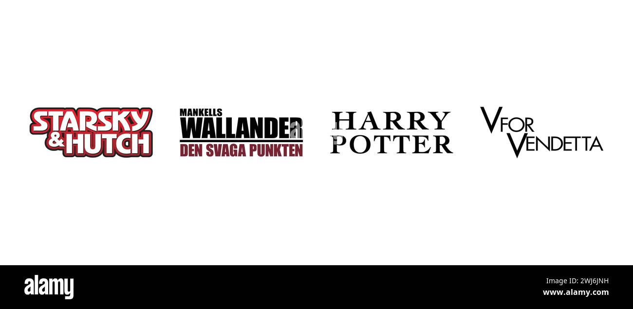Harry Potter, V für Vendetta, Starsky und Hutch, Wallander den Svaga Punkte. Vektorillustration, redaktionelles Logo. Stock Vektor