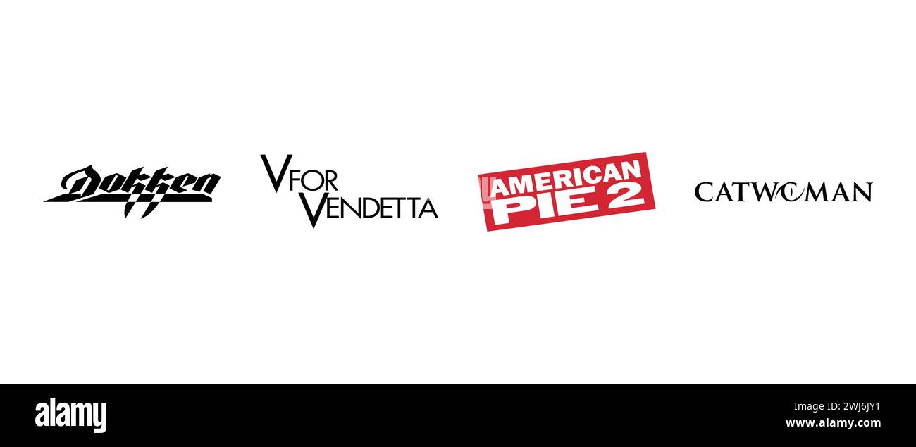 V für Vendetta, American Pie 2, Catwoman, Dokken. Vektorillustration, redaktionelles Logo. Stock Vektor