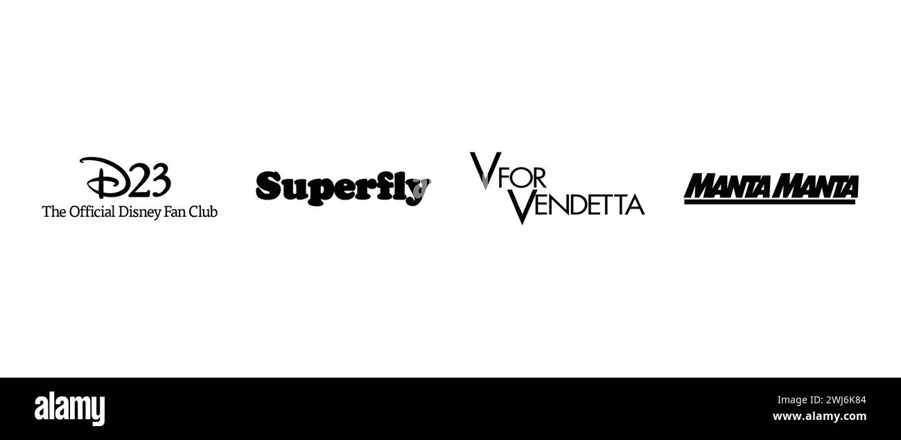 Superfly, V für Vendetta, Disney D23, Manta Manta. Vektorillustration, redaktionelles Logo. Stock Vektor