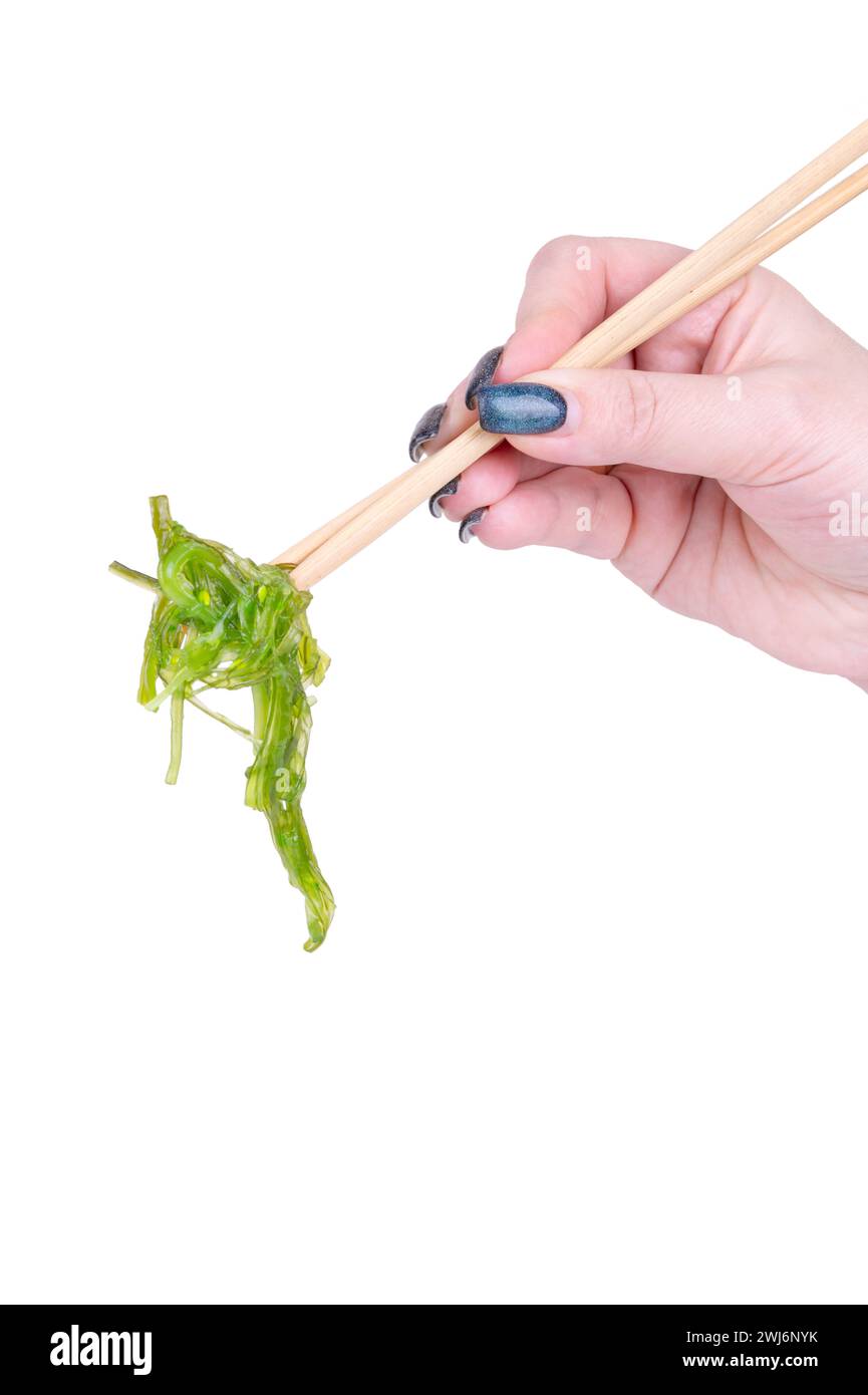 Frauenhand hält Algen-Chuka-Salat mit chinesischen Essstäbchen auf weißem Hintergrund Stockfoto