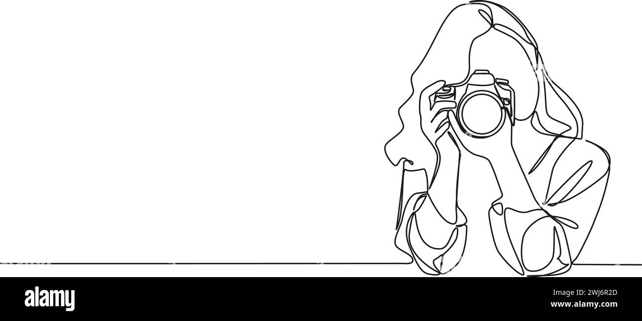 Kontinuierliche einzeilige Zeichnung einer Frau mit DSLR-Kamera, die Bilder macht, Linie Art Vektor Illustration Stock Vektor
