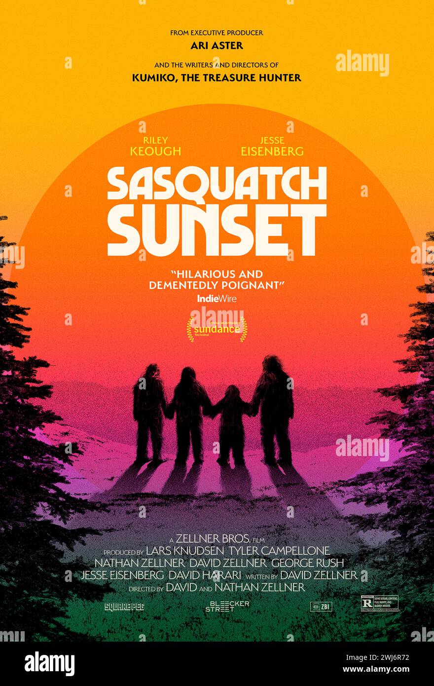 Sasquatch Sunset (2024) unter der Regie von David Zellner und Nathan Zellner mit Jesse Eisenberg, Riley Keough und Christophe Zajac-Denek. Ein Jahr im Leben einer einzigartigen Familie. Es fängt das tägliche Leben der Sasquatch mit einem Level an Details und Strenge ein, das einfach unvergesslich ist. US-Poster mit einem Blatt ***NUR FÜR REDAKTIONELLE ZWECKE***. Quelle: BFA / Bleecker Street Media Stockfoto