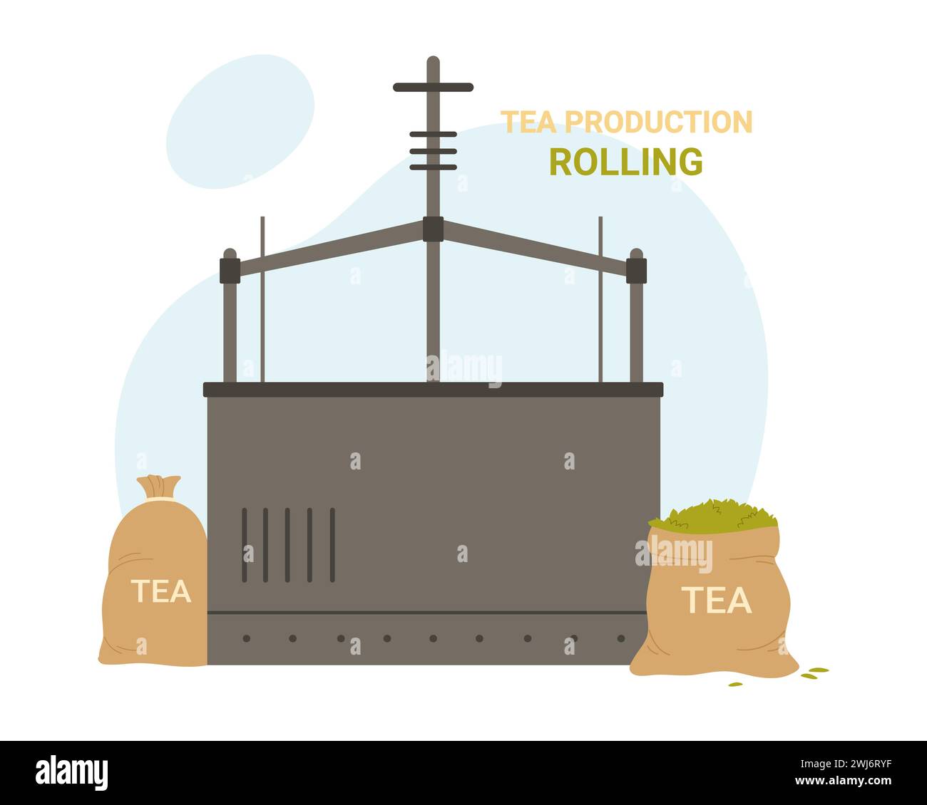 Walzprozess in der Teeproduktion. Natürliche grüne Teefabrik, industrielle Teeproduktion Cartoonvektor Illustraiton Stock Vektor