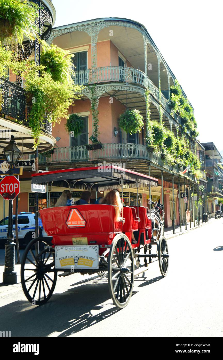 Eine Kutschfahrt führt die Fahrer durch das historische französische Viertel von New Orleans Stockfoto